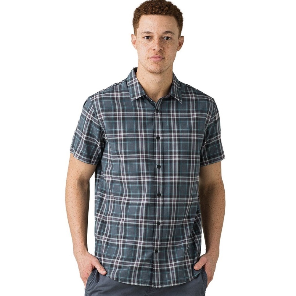 PRANA Men's Offwidth Short Sleeve Button Front Shirt Plaid Organic Cotton XL